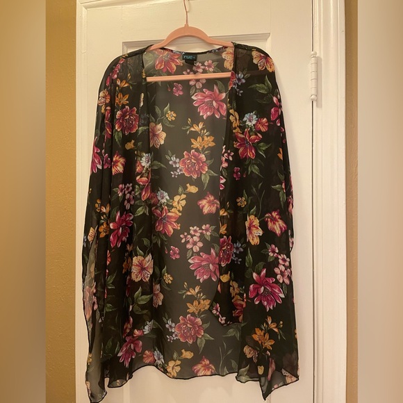RUE + Vibrant Floral Flowy Sheer Shawl / OS fits most / EUC / 🌼🖤🌺 - Picture 3 of 7